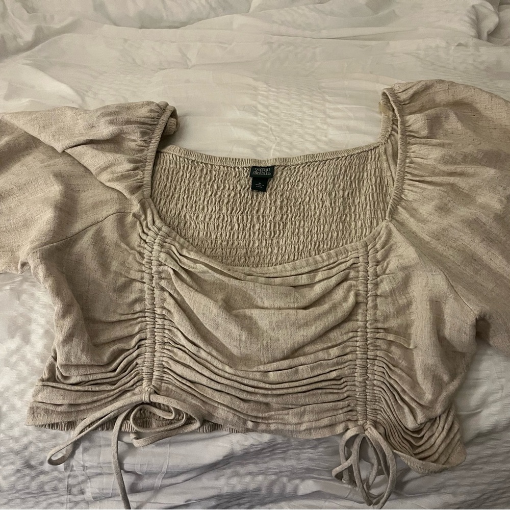 Wild Fable Tan Puff Sleeve Crop Top with Ruched Tie Front